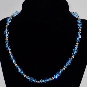 Blue Crystal Beaded Necklace with Silver Spacers 17"  Excellent condition.
